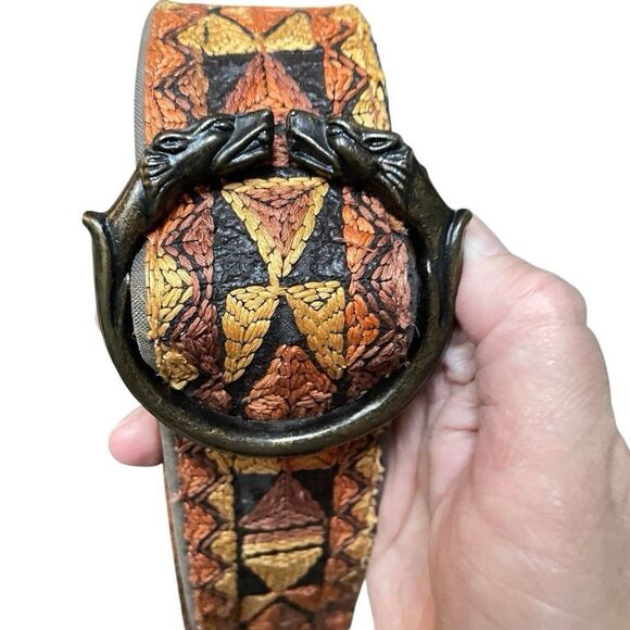 Bechelli Metal Wolf Heads Buckle Southwest Embroidered Hippie Belt 60s Boho Med - Picture 6 of 13